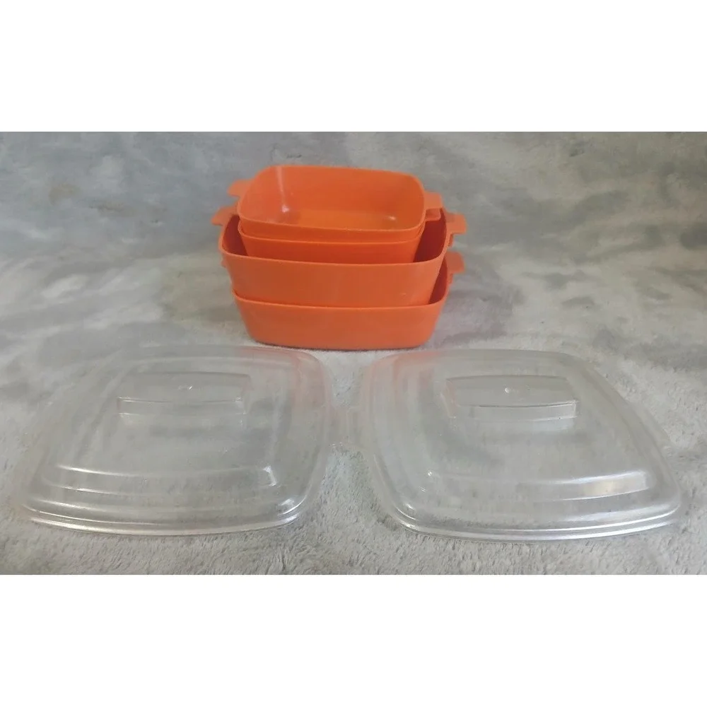 Vintage Toy Orange Nesting‎ Cookware Play Set of 4 with 2 Lids Retro MCM Pretend